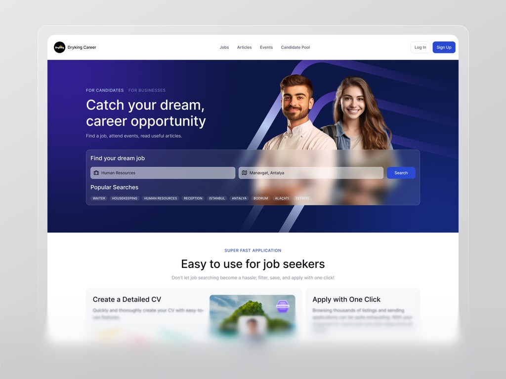 Homepage design for DryKing Career platform featuring job search interface with bold typography and gradient blue visuals