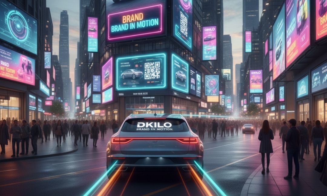 dKilo vehicle advertising moving through an illuminated city, with digital billboards displaying brand messages and QR-enabled DOOH screens.