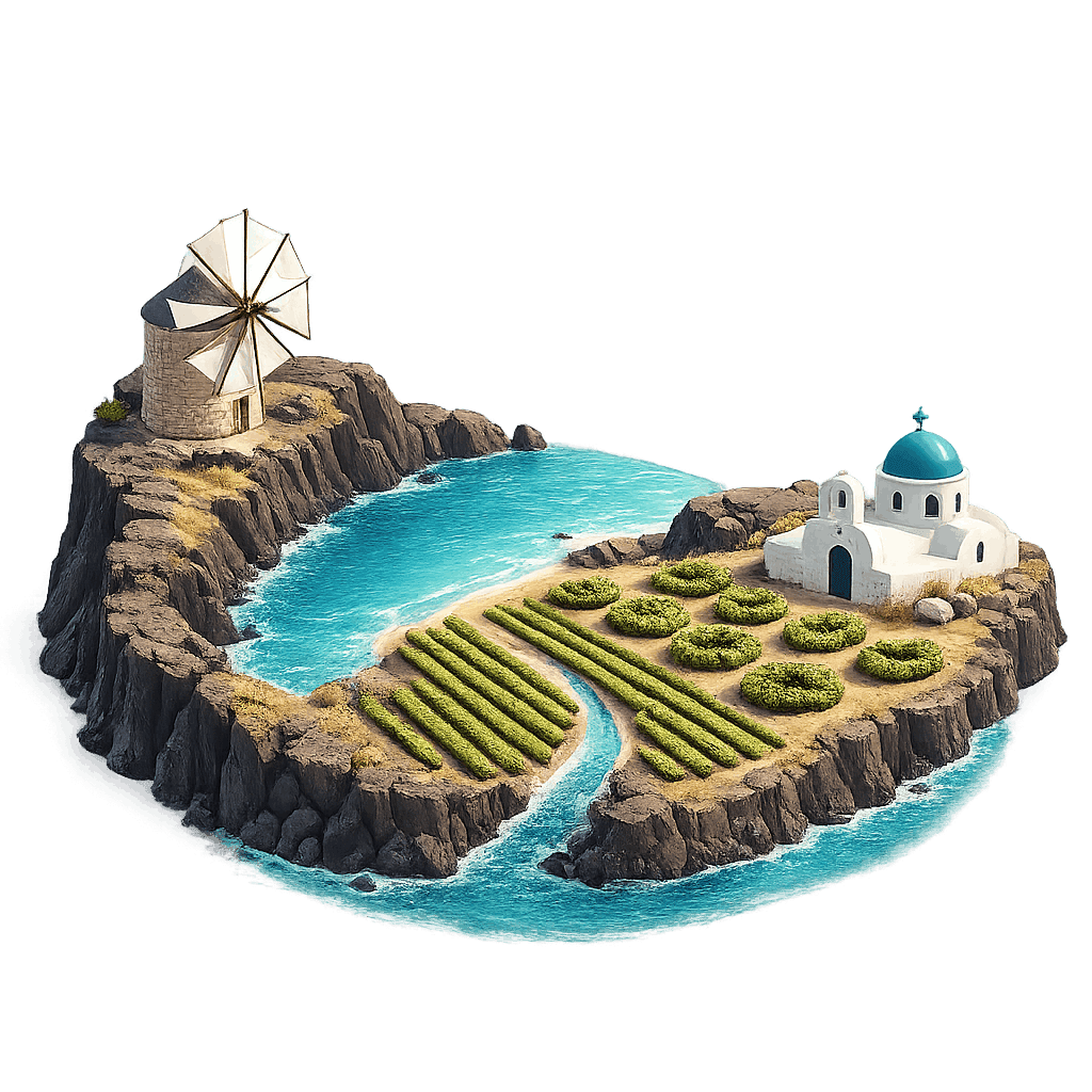 Artistic illustration of the Santorini wine region.