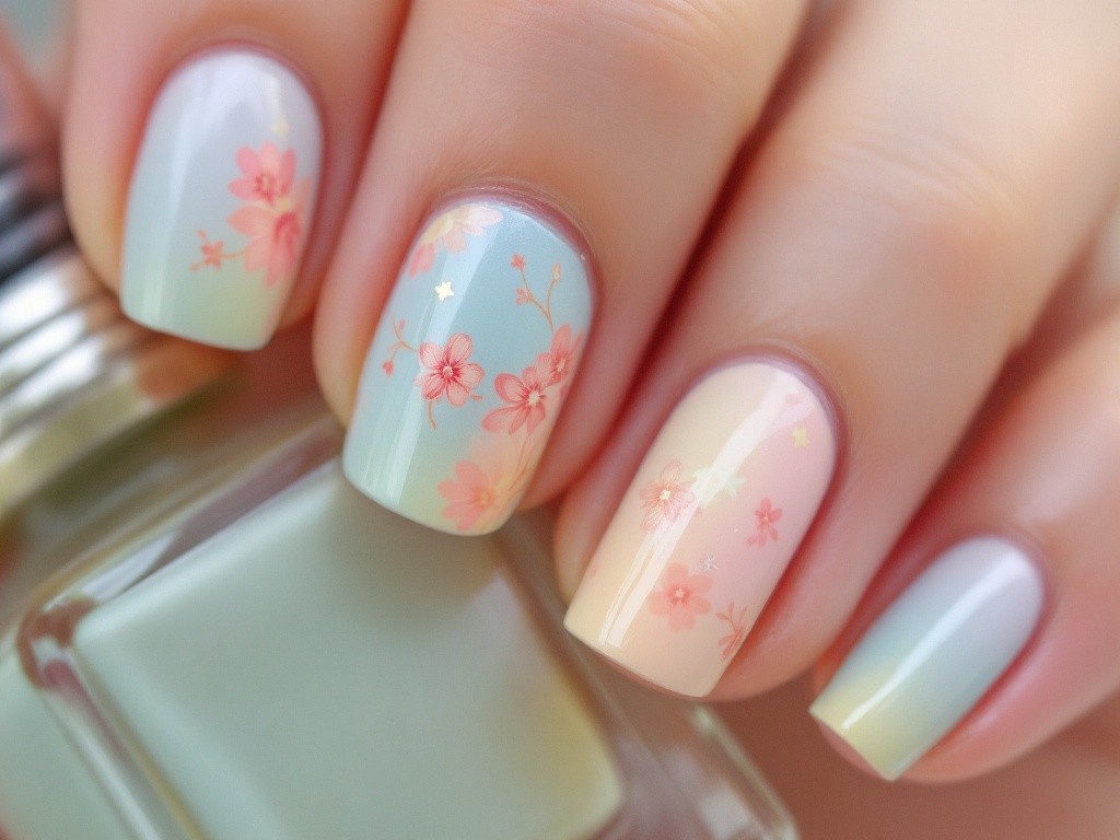 Close-up of pastel-colored nails decorated with delicate cherry blossoms.