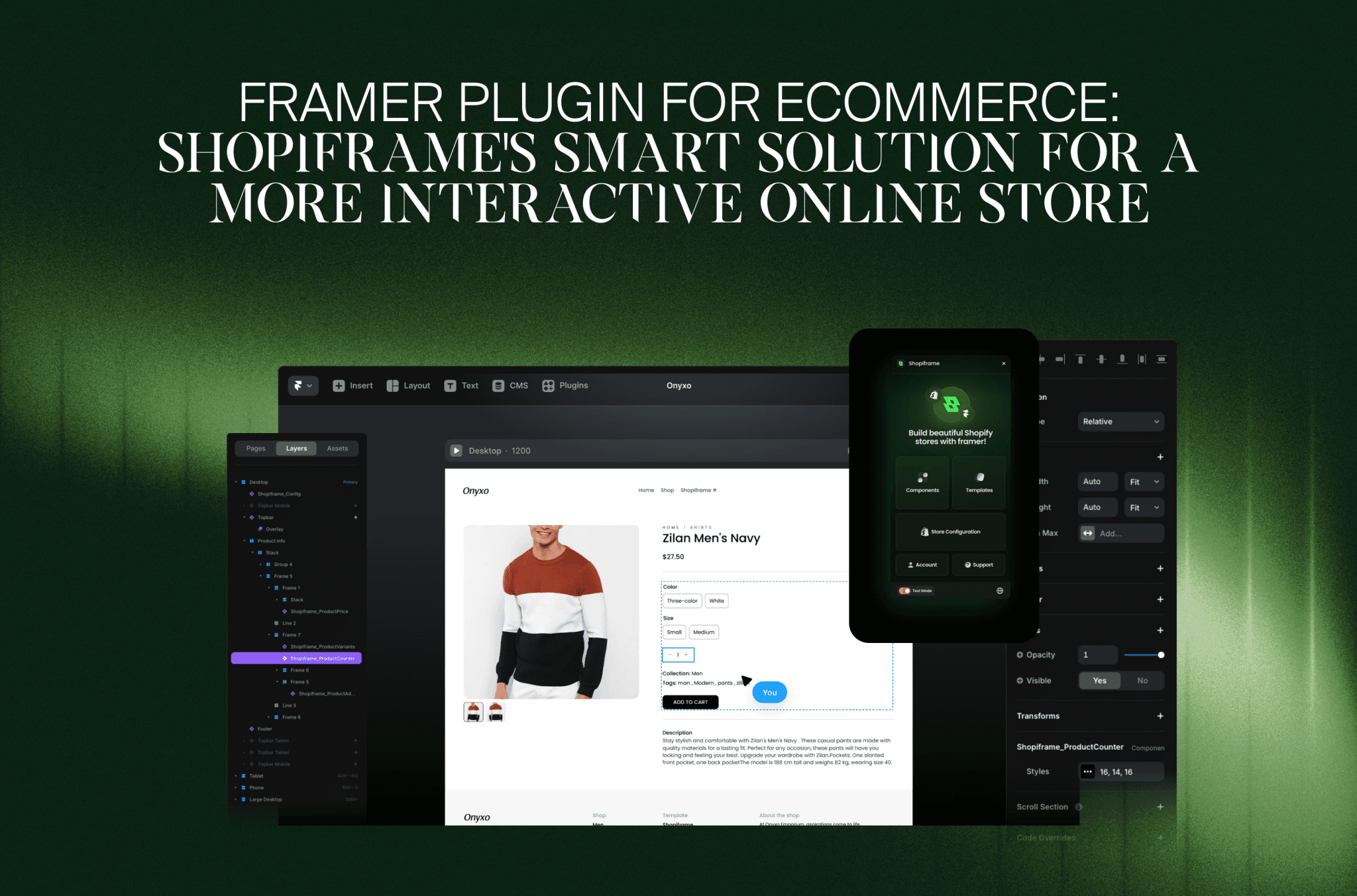 Framer-Editor mit dem Shopiframe-Plugin beim Aufbau einer Shopify-Produktseite für einen Strickpullover