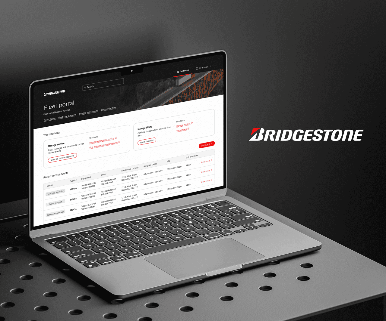 Mock-up of the Bridgestone Fleet Portal displayed on a laptop sitting on a metallic surface against a dark wall, with the Bridgestone logo shown alongside.