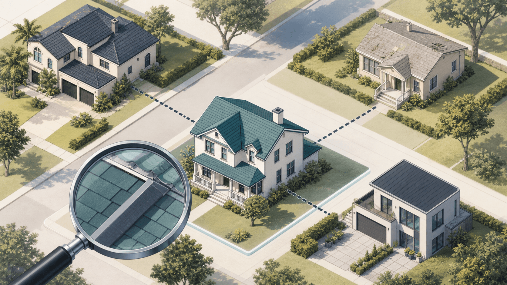 Create a clean editorial illustration for a homebuying article section about AI home valuation and comparing nearby sales. Wide landscape composition: an isometric neighborhood with one central house highlighted in muted teal and three nearby comparable houses connected to it with subtle dotted lines. Show meaningful physical differences among the houses: footprint, roof condition, yard size, and a renovated exterior. In the foreground, a magnifying glass enlarges roof details to convey checking property condition rather than blindly trusting an automated estimate. Restrained navy, teal, warm cream palette, crisp architectural shapes, approachable and credible rather than futuristic, ample breathing room. Entirely visual illustration: no text, words, letters, numbers, labels, logos, price tags, or watermarks.