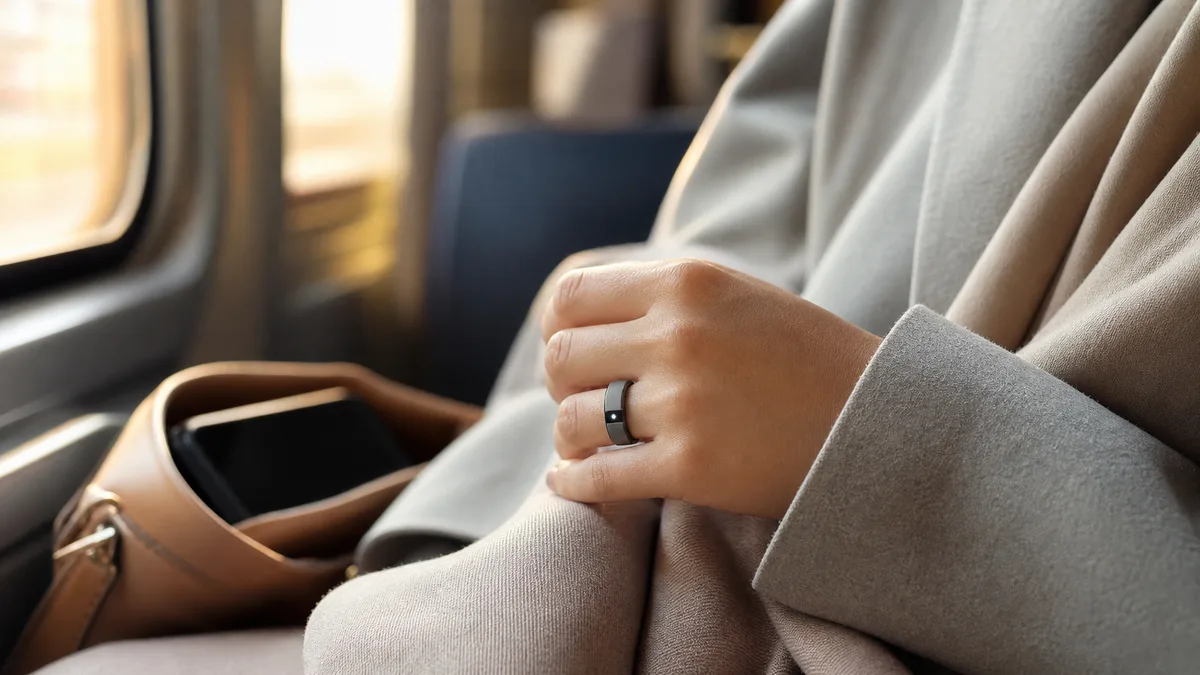 Hand wearing a dhikr ring during a quiet commute with phone tucked away