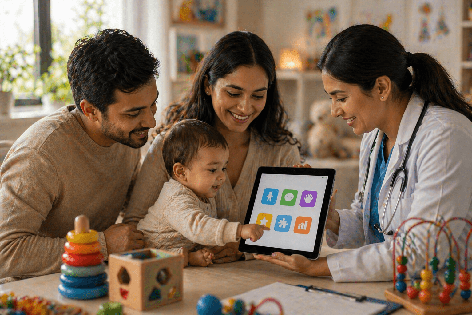 A family and a pediatrician engage in a playful learning activity using a tablet, surrounded by colorful educational toys designed for child development in a bright, cheerful setting.