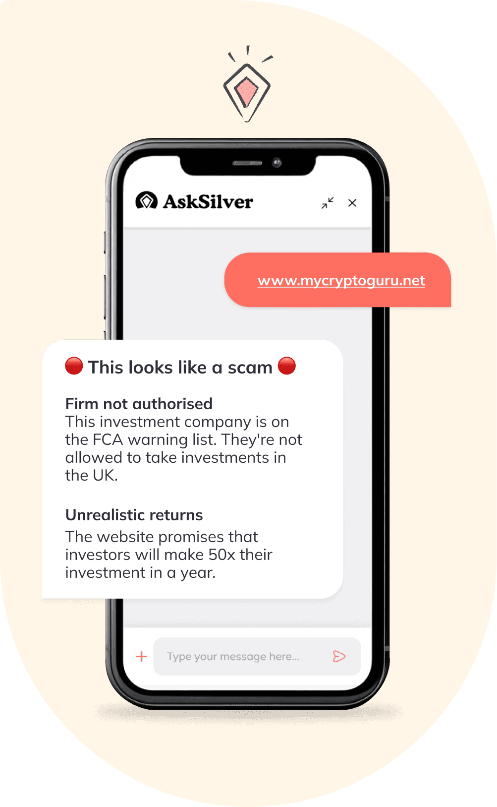 A mockup of the Ask Silver chat interface. A user asks, "Could you check if this offer is a scam?". The AI responds with a warning, "Careful, this is probably a scam!". It then lists the reasons, such as the website not being registered and the URL not belonging to Evri, and advises the user not to click the link.c