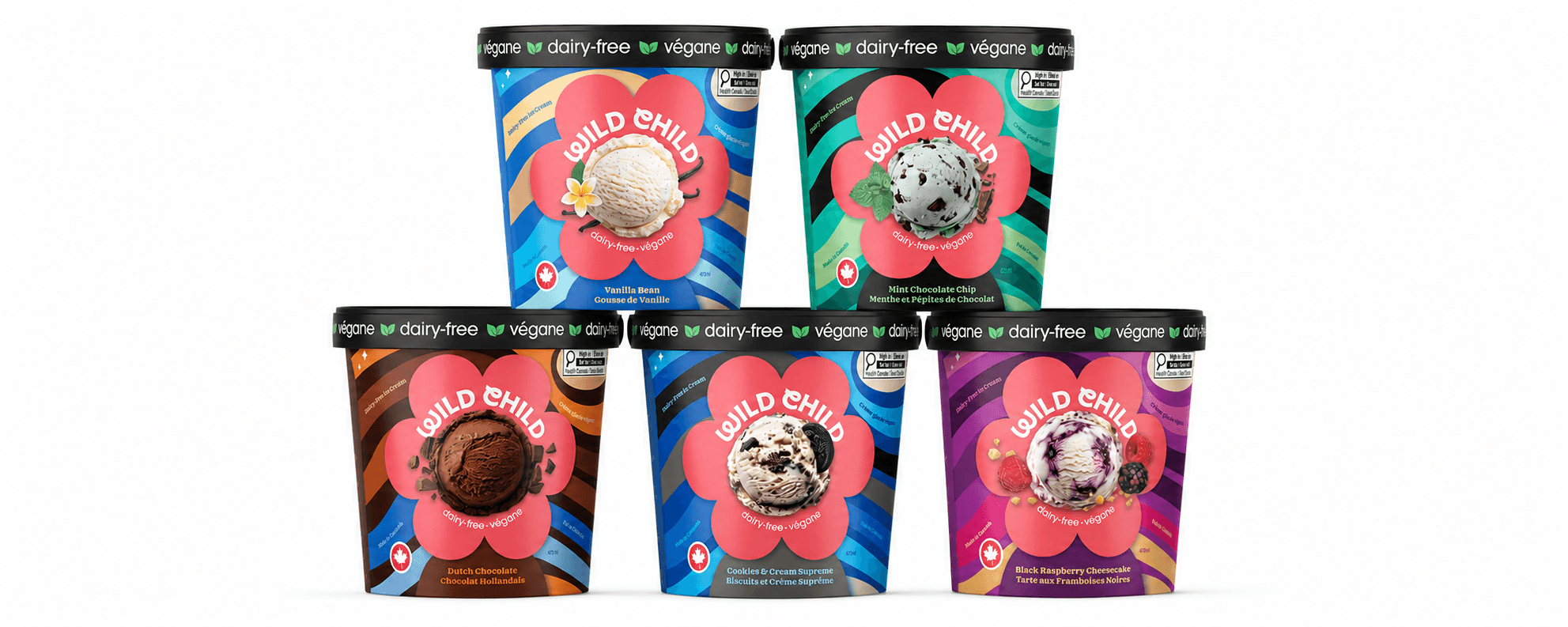 Five Wild Child ice cream pints in different flavours.