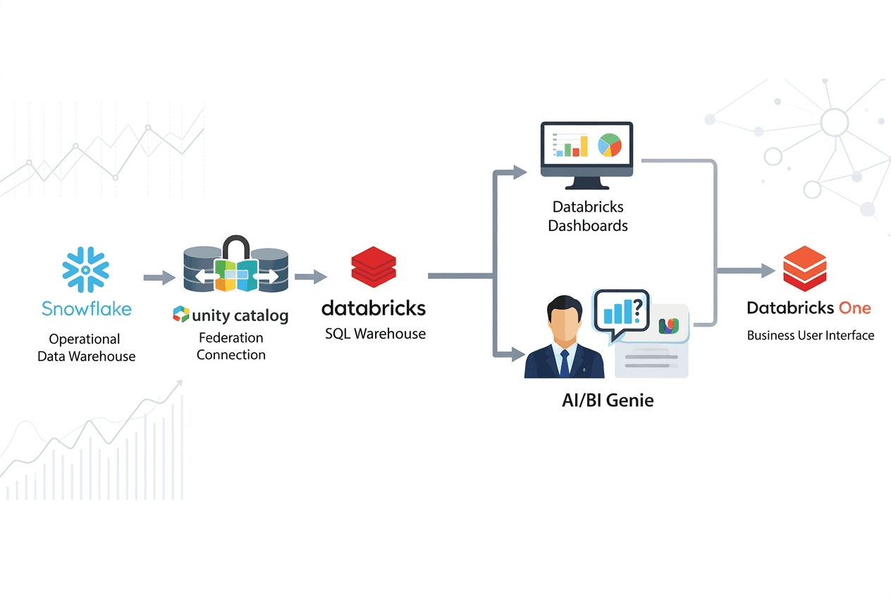 Self-service analytics POC architecture showing Snowflake federation and Databricks AI/BI Genie integration