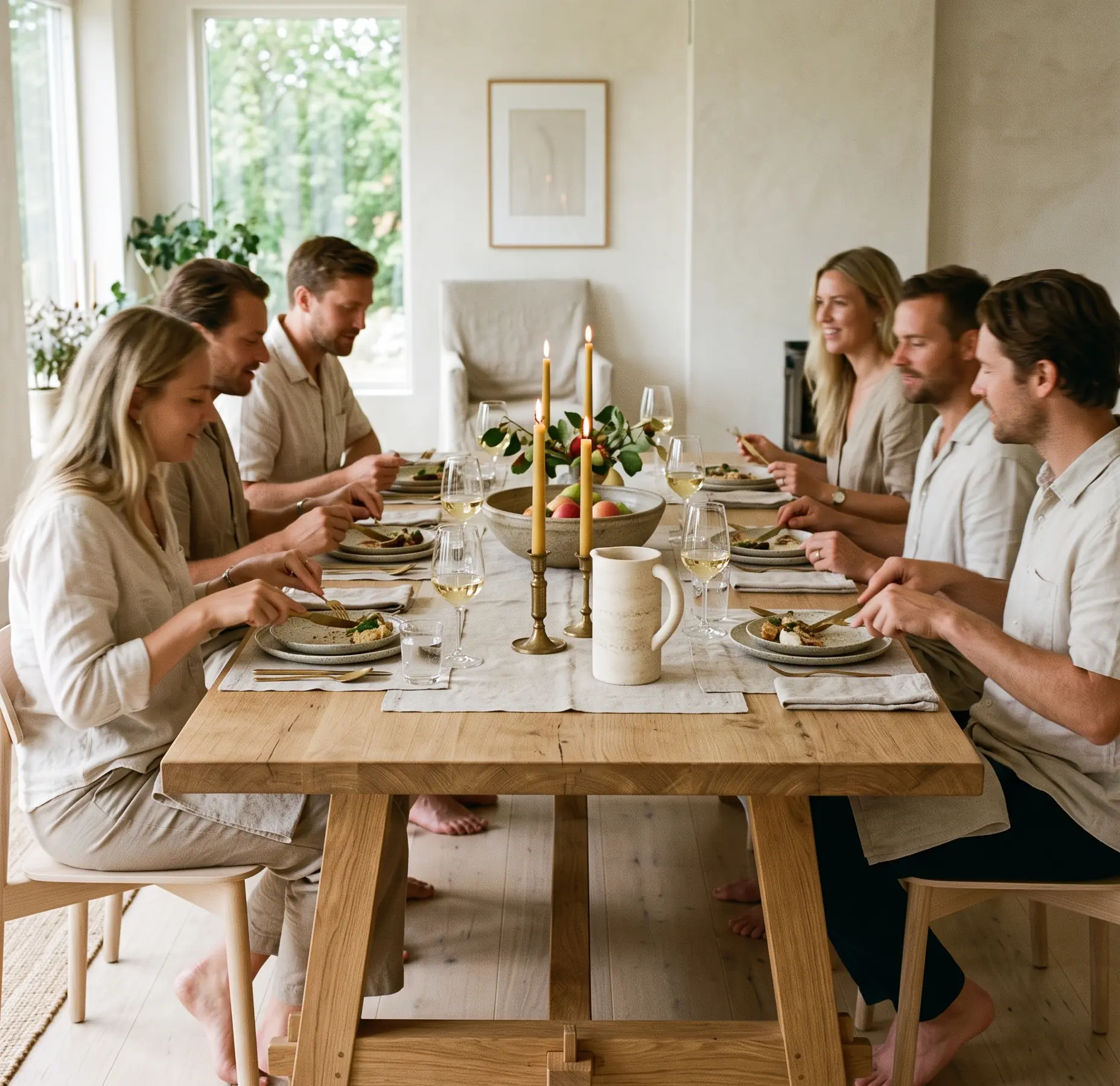 Six friends sharing dinner at a long oak table