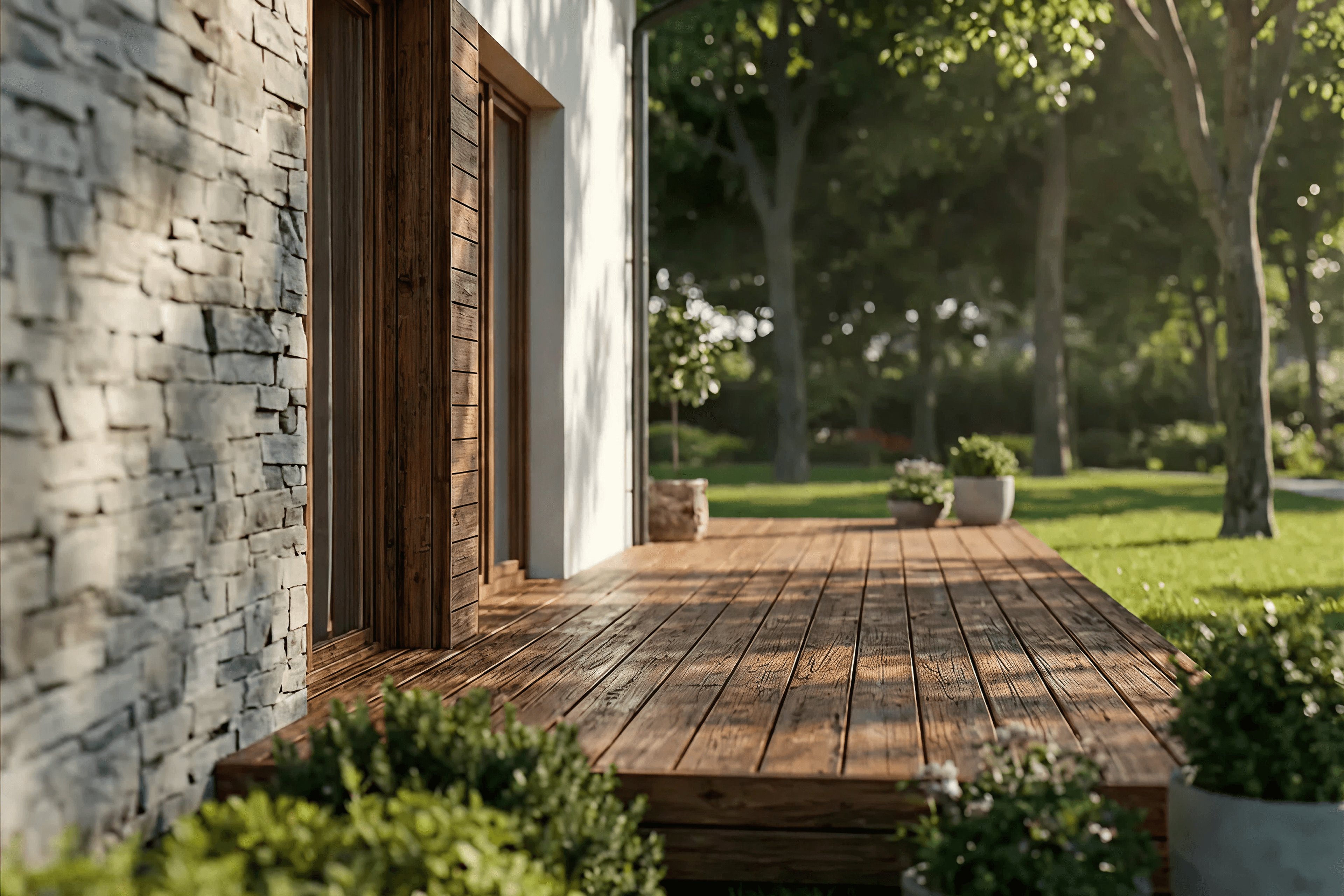 Elewacja domu jednorodzinnego z drewnianym tarasem - realizacja Nowi Architekci