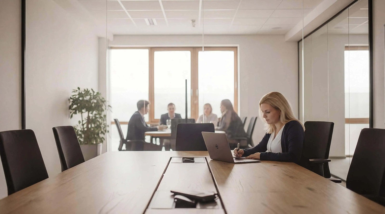 HR-Beraterin am Schreibtisch mit sichtbarem Teammeeting, die Expertise in Employer Branding und Recruiting demonstriert