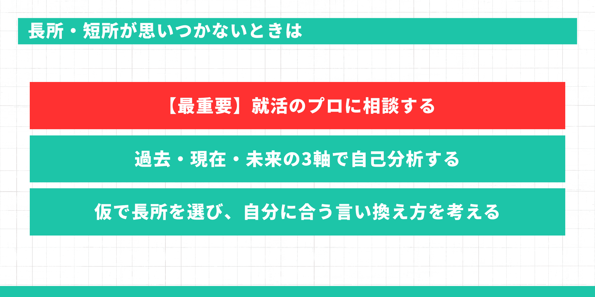 長所・短所が思いつかないときの3つの対処法（就活のプロに相談する・過去現在未来の3軸で自己分析・仮で長所を選んで言い換え方を考える）