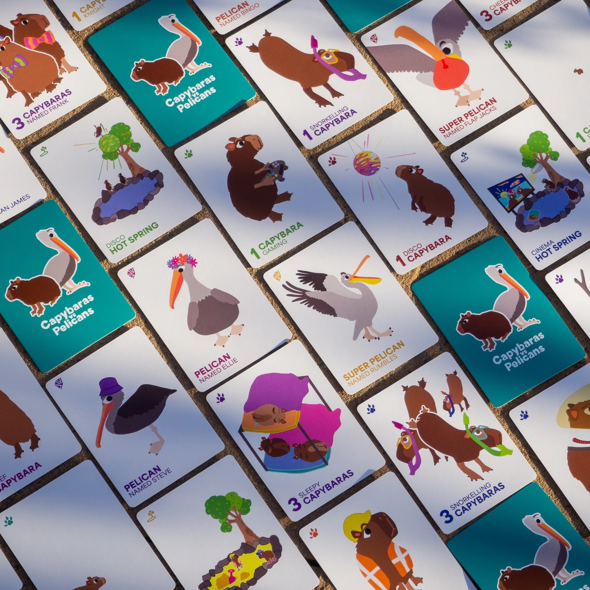 Several Capybaras vs Pelicans playing cards in a grid.