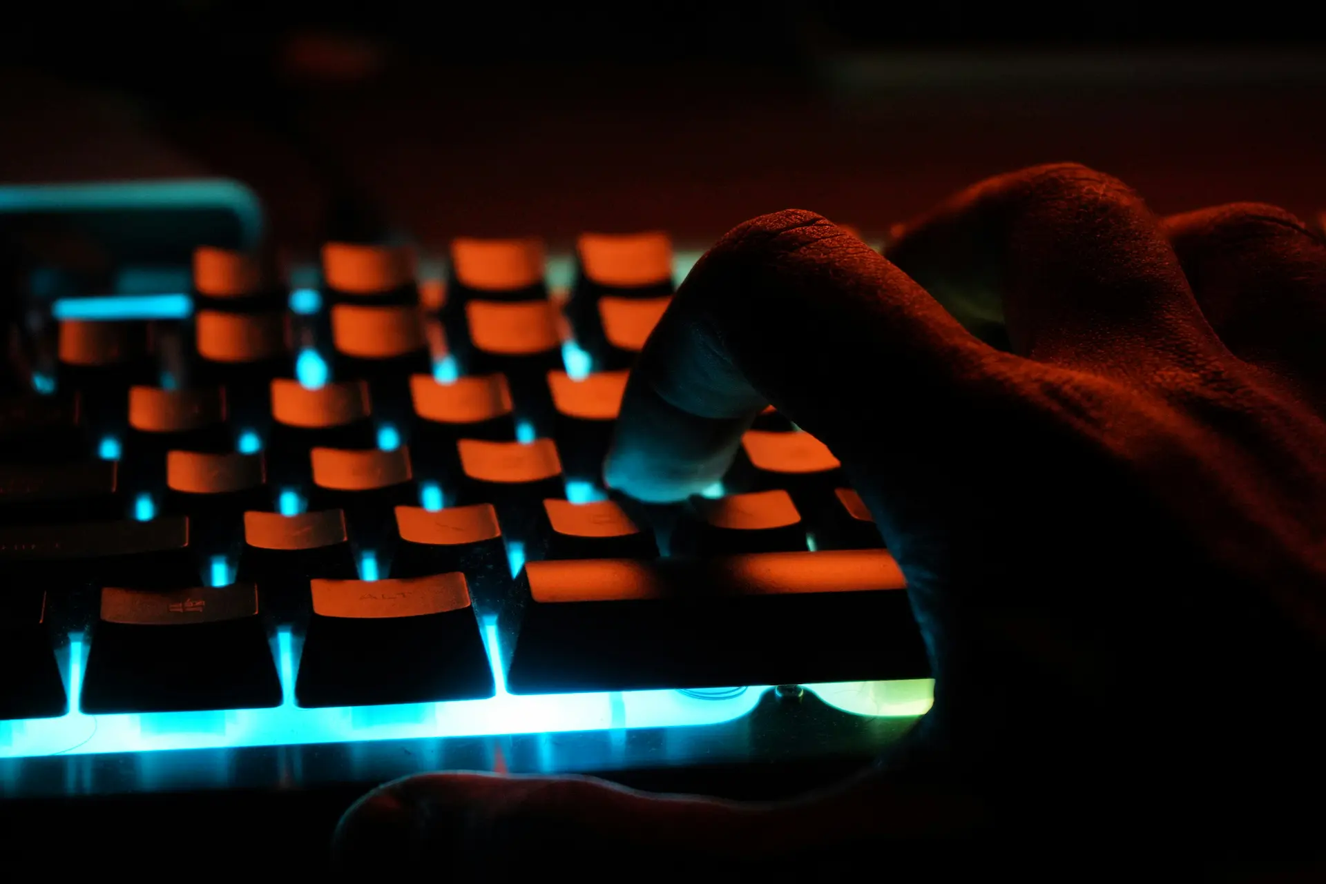 Person typing on a keyboard with orange lighting, header image for the services page