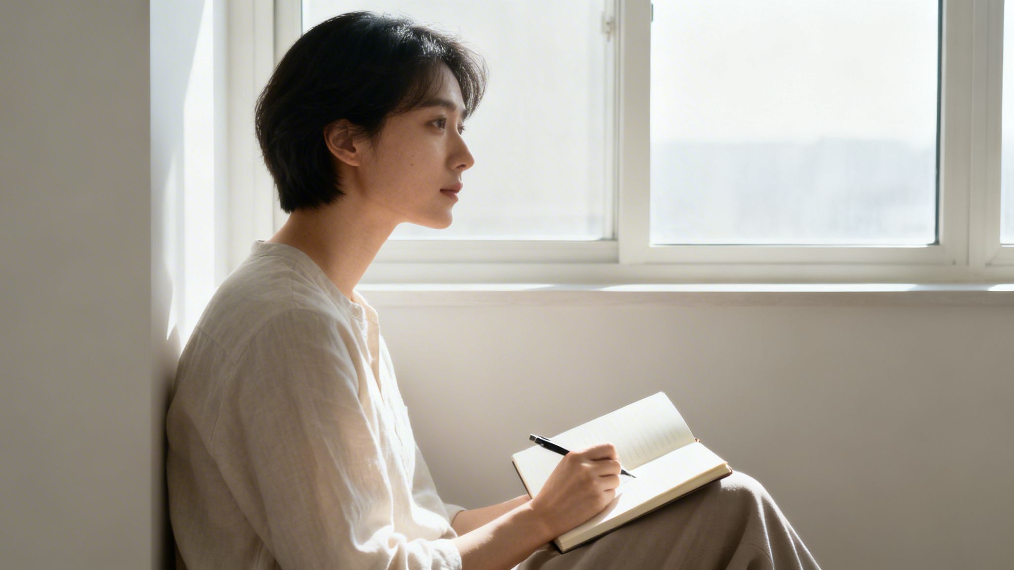 A serene young person with short dark hair sits by a sunlit window, writing in a notebook.