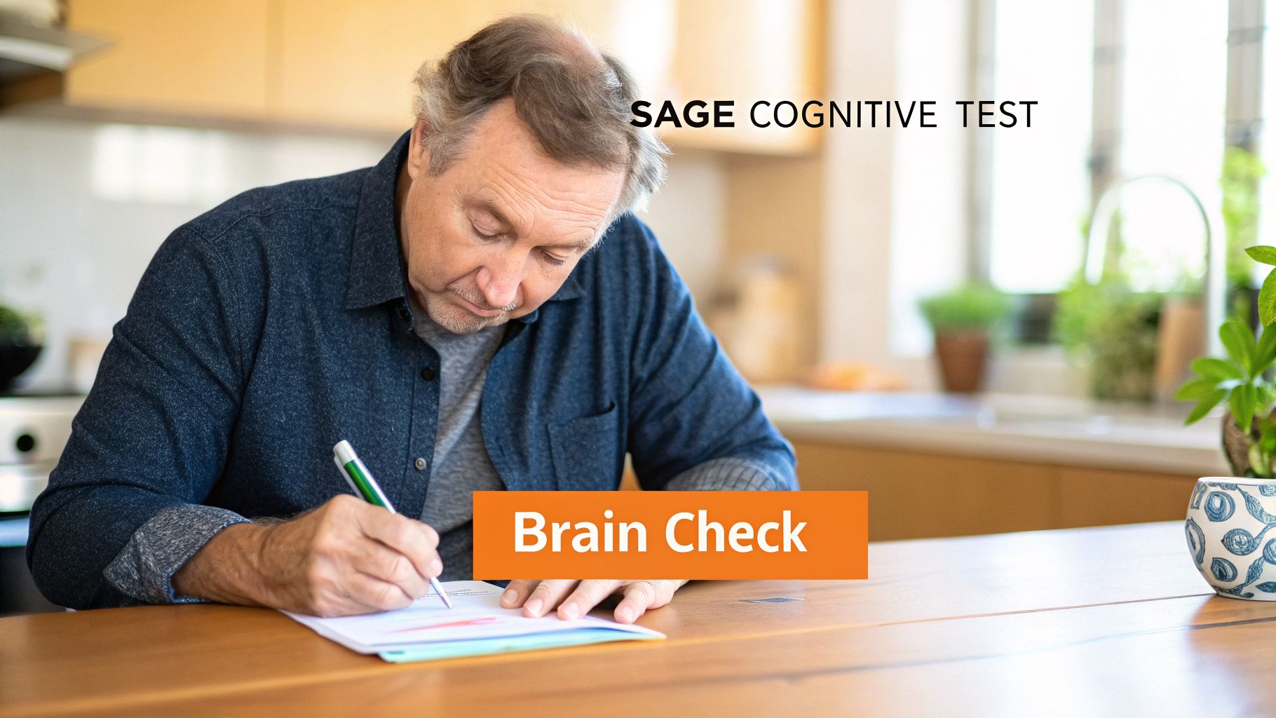 An older man completing a SAGE Cognitive Test, writing on documents at a kitchen table.