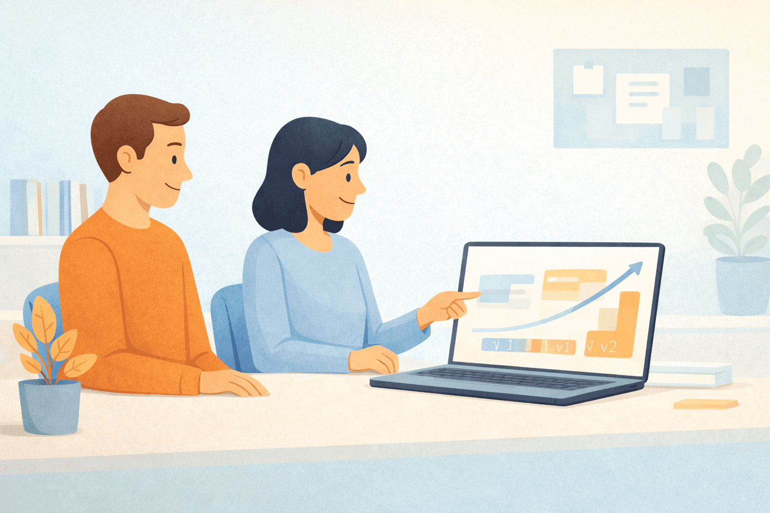 Modern SaaS illustration showing learning agility in the workplace, with professionals reviewing evolving content and progress indicators on a laptop.