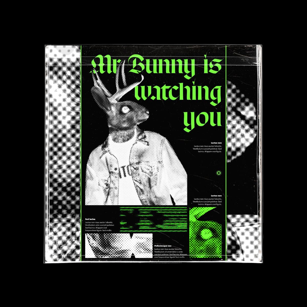 Pochette de vinyl "Mr Bunny is watching you", représentant un lapin avec des bois de cerf, et un corps humain habillé d'une veste en jean. Style Y2K, tramé en noir et blanc avec des touches couleur verte saturée.