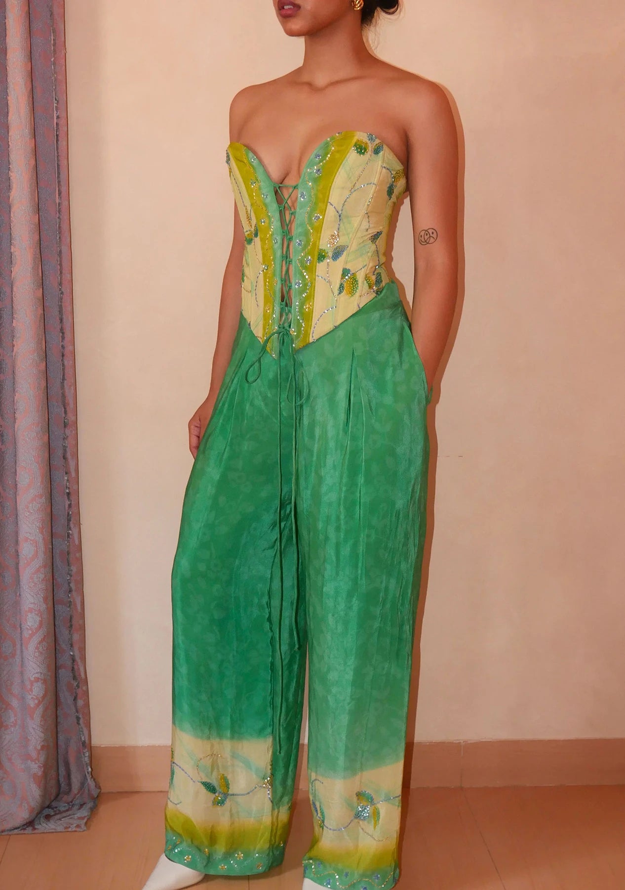 SWARA handcrafted silk corset from vintage saree with sweetheart neckline, tapered waist and adjustable back ties.