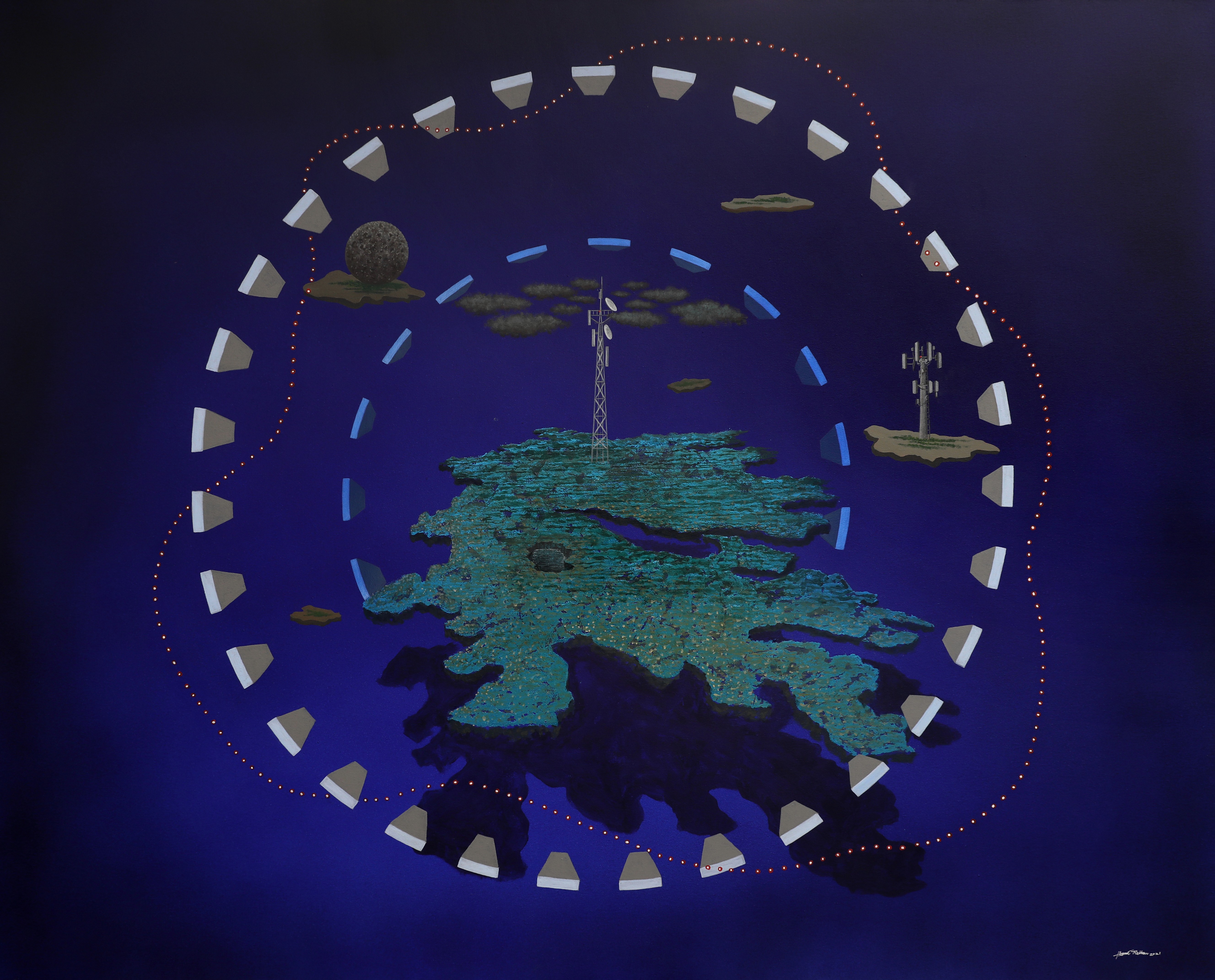 herd of sheep on road painting