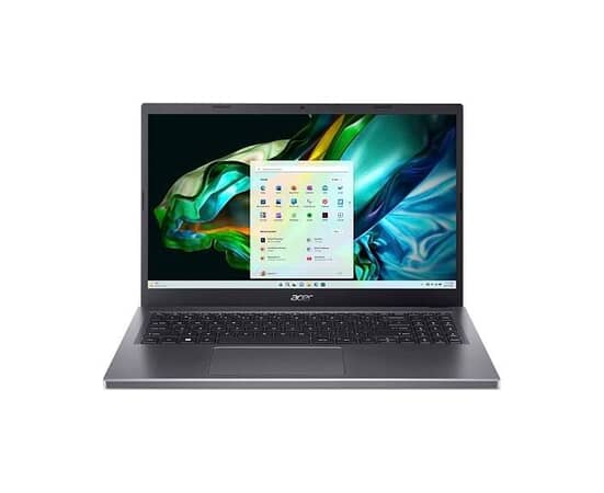 Acer Aspire laptop med en 15,6" skærm, Windows 11 startmenu vist på skærmen, og et moderne, slankt design i grå farve.