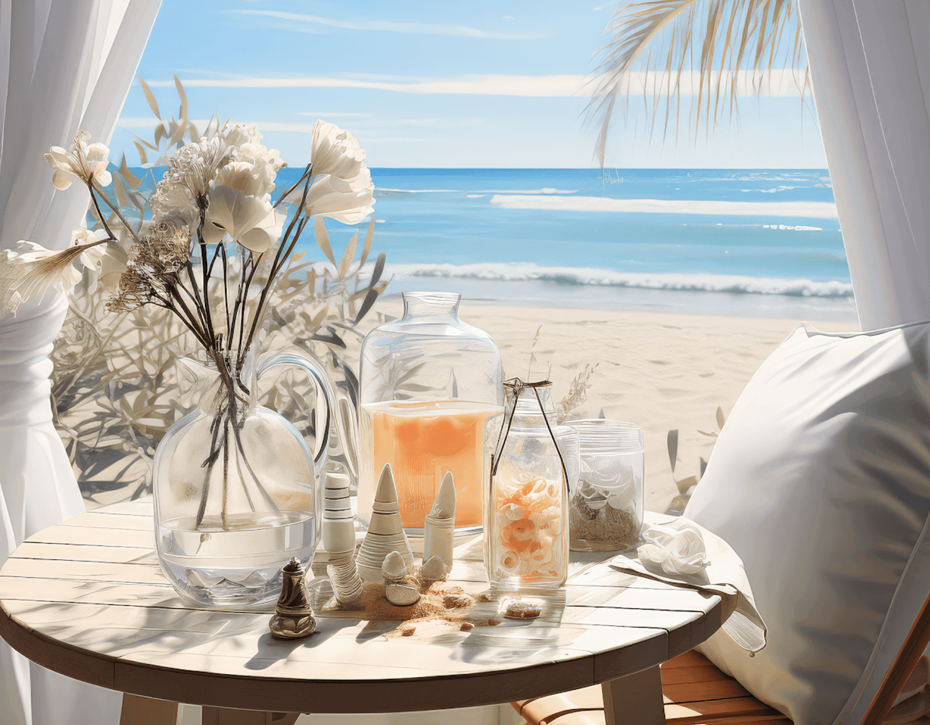 A serene beachside table with flowers, seashells, and drinks under soft sunlight.