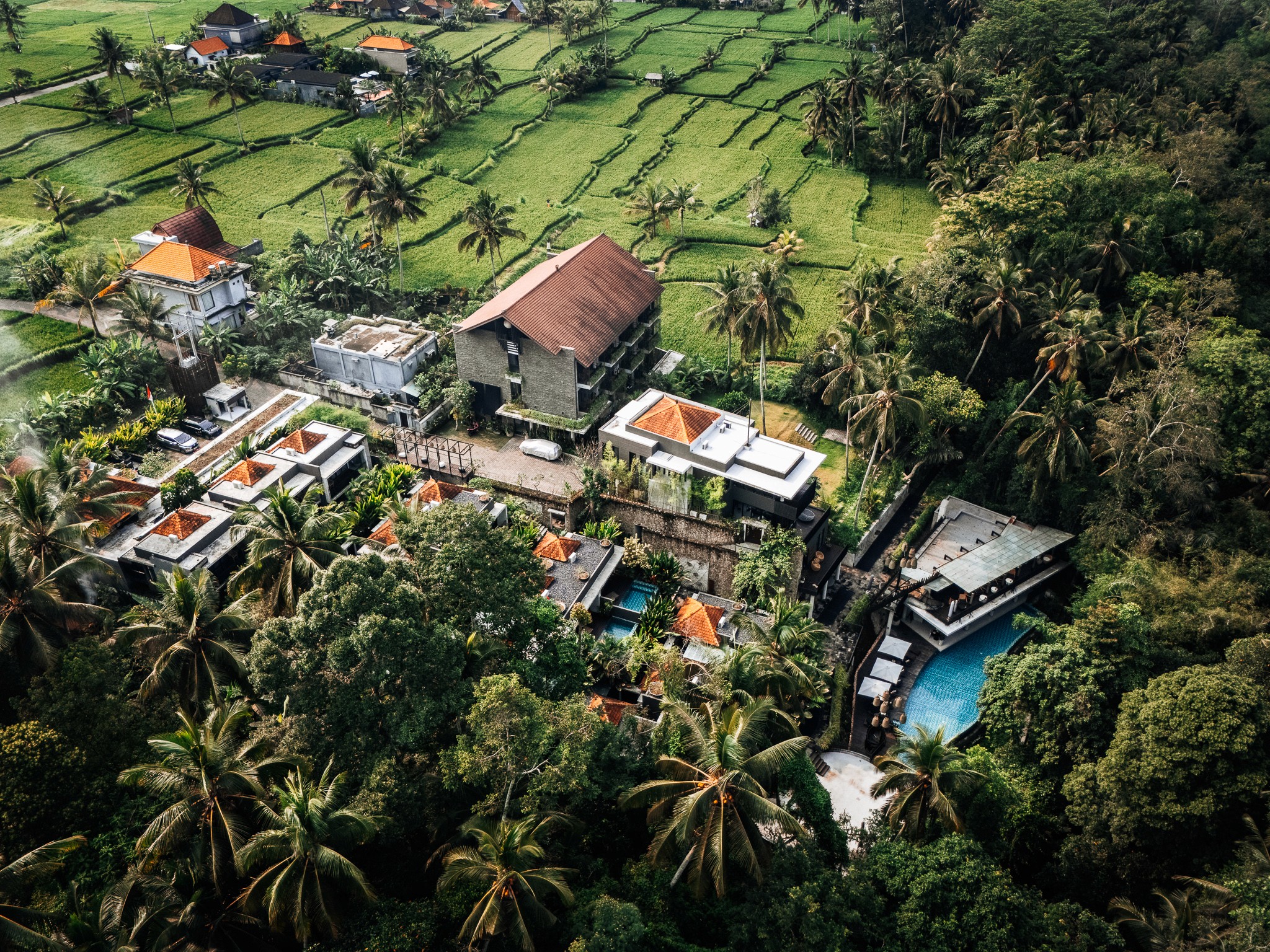 Luftaufnahme des Ning Resort Ubud – Luxuriöse Hotelanlage umgeben von tropischer Natur auf Bali