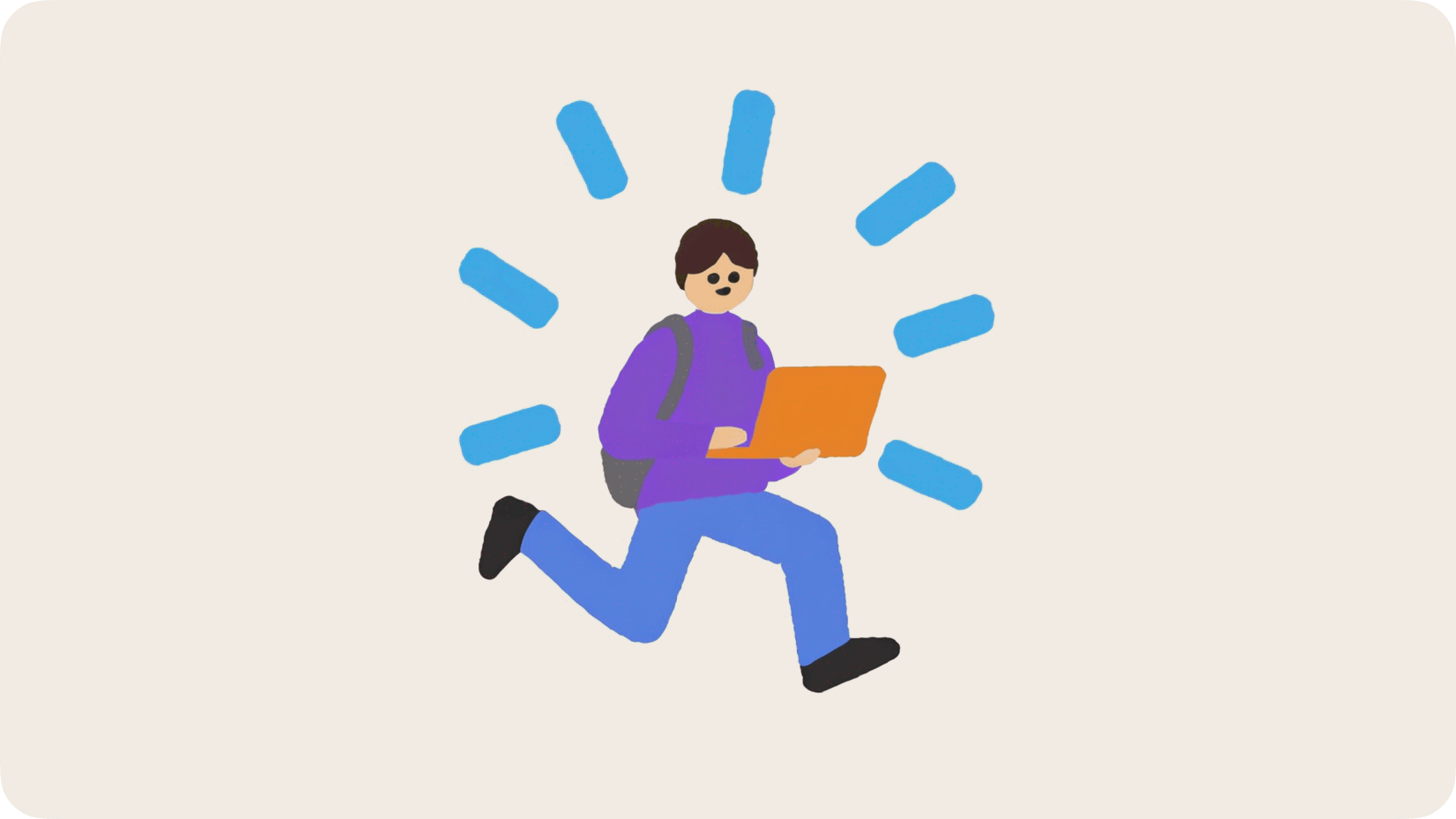 AI generated image using Blunge: An illustration of a person running with a laptop while surrounded by blue glowing elements, representing AI-powered digital branding and content creation.
