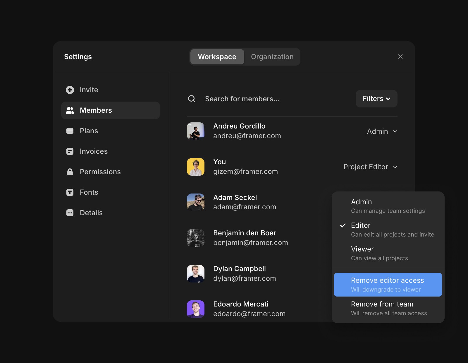 一个深色主题的设置界面,用于管理工作区成员。左侧边栏提供“成员”和“权限”等标签页。成员列表显示姓名、电子邮件地址和角色,如管理员和编辑者。Benjamin den Boer的角色下拉菜单已展开,提供角色修改选项以及从团队中移除的选项。