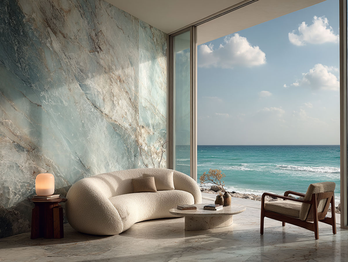Ein modernes Wohnzimmer mit einem geschwungenen weißen Sofa, einem Holzstuhl und einem runden Marmor-Couchtisch bietet durch raumhohe Fenster einen Blick auf das türkisfarbene Meer. Sonnenlicht erfüllt den CGI-Raum und hebt die Marmorwände und -böden in dieser atemberaubenden 3D-Darstellung hervor.