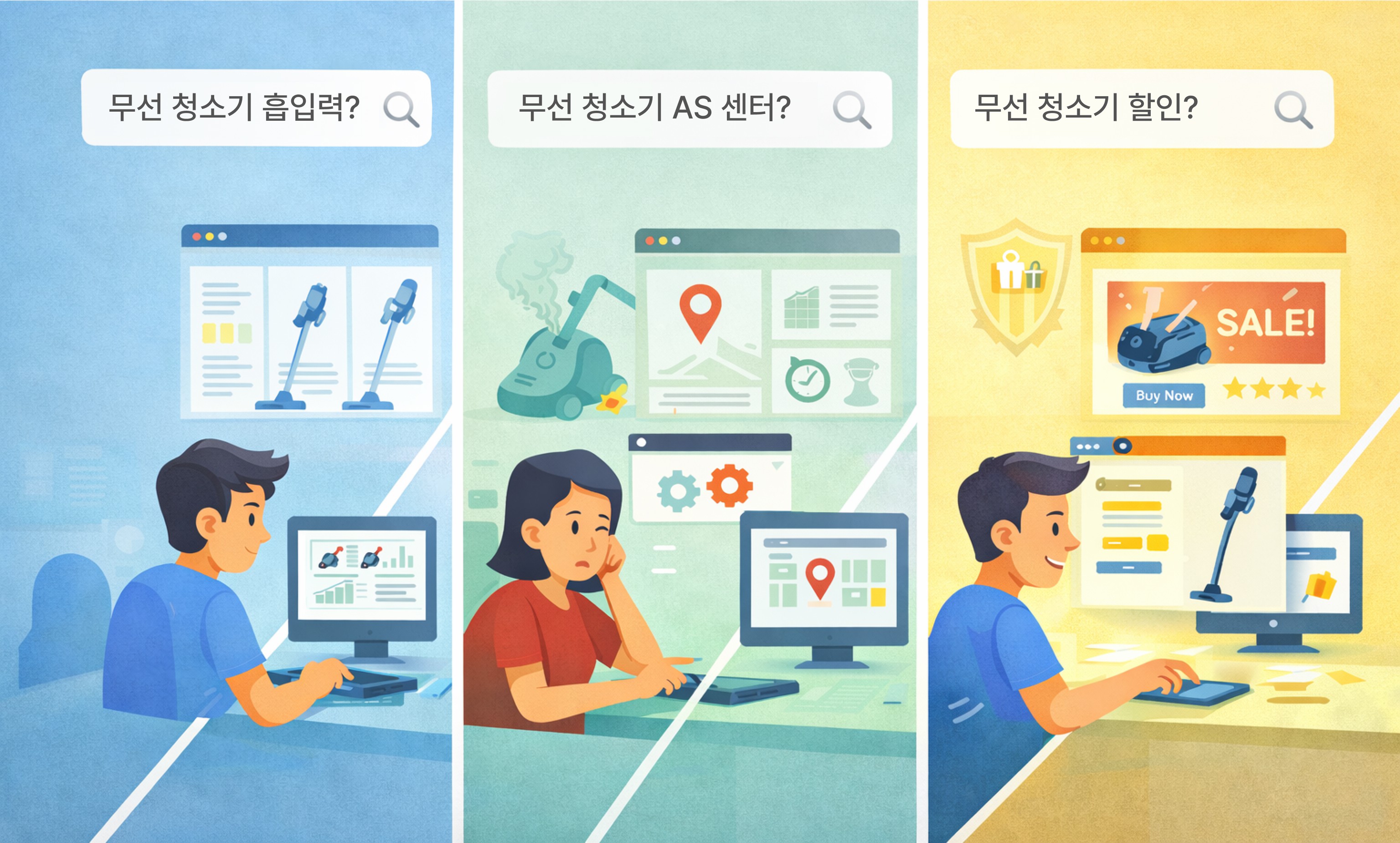 Search intent journey illustration for cordless vacuum keywords and user decision stages