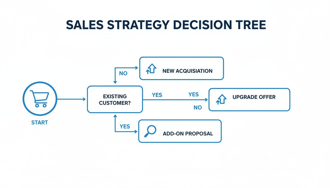 Decision tree diagram outlining a sales strategy, distinguishing between new acquisition, upgrade offers, and add-on proposals for existing customers.
