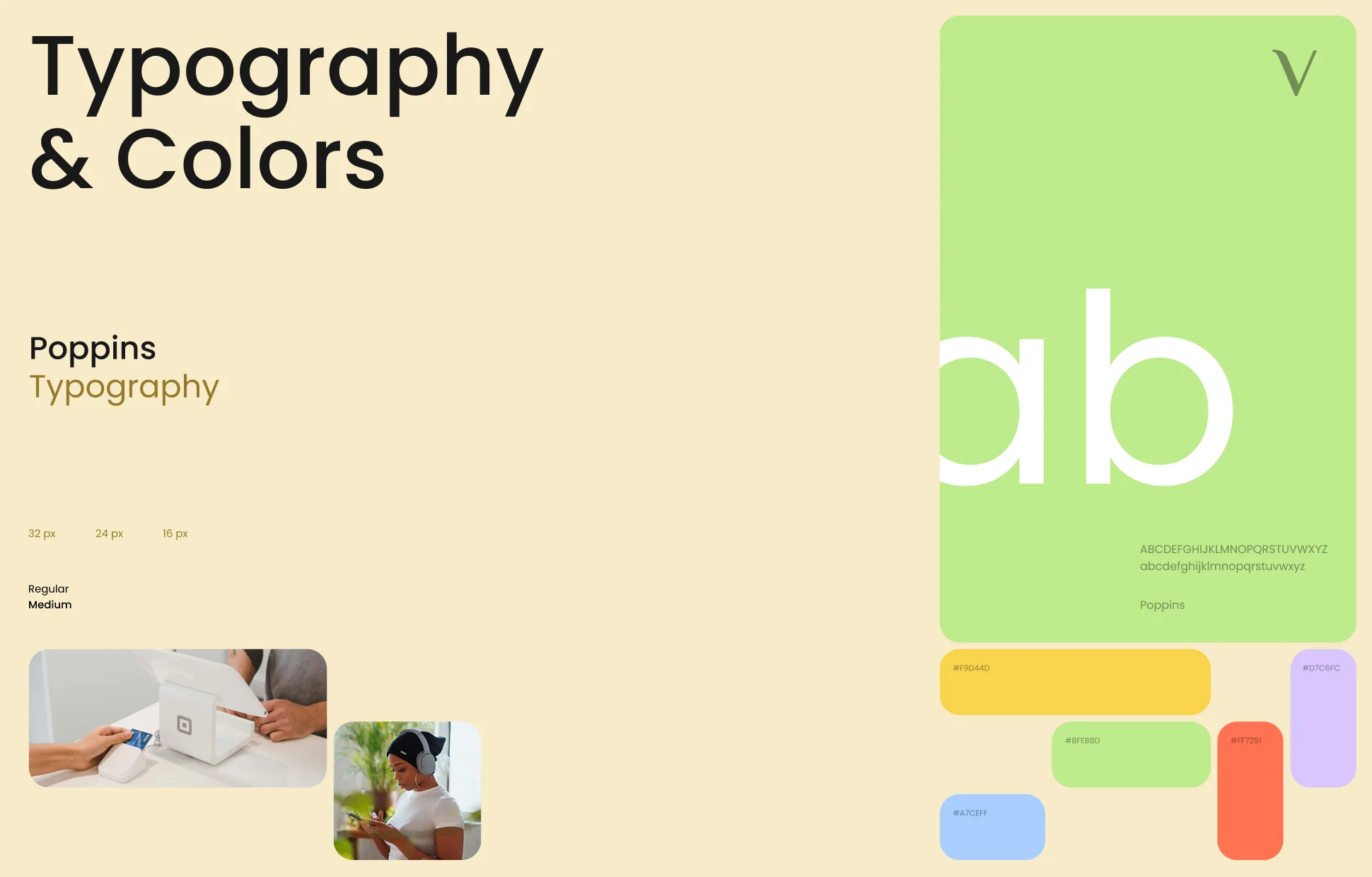 Nova brand typography and color palette — Poppins typeface with yellow, green, red, blue, and purple swatches