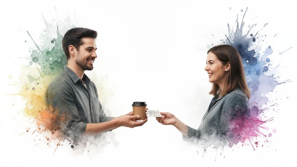 A smiling man hands a coffee cup to a smiling woman who offers a receipt, framed by colorful watercolor splashes.