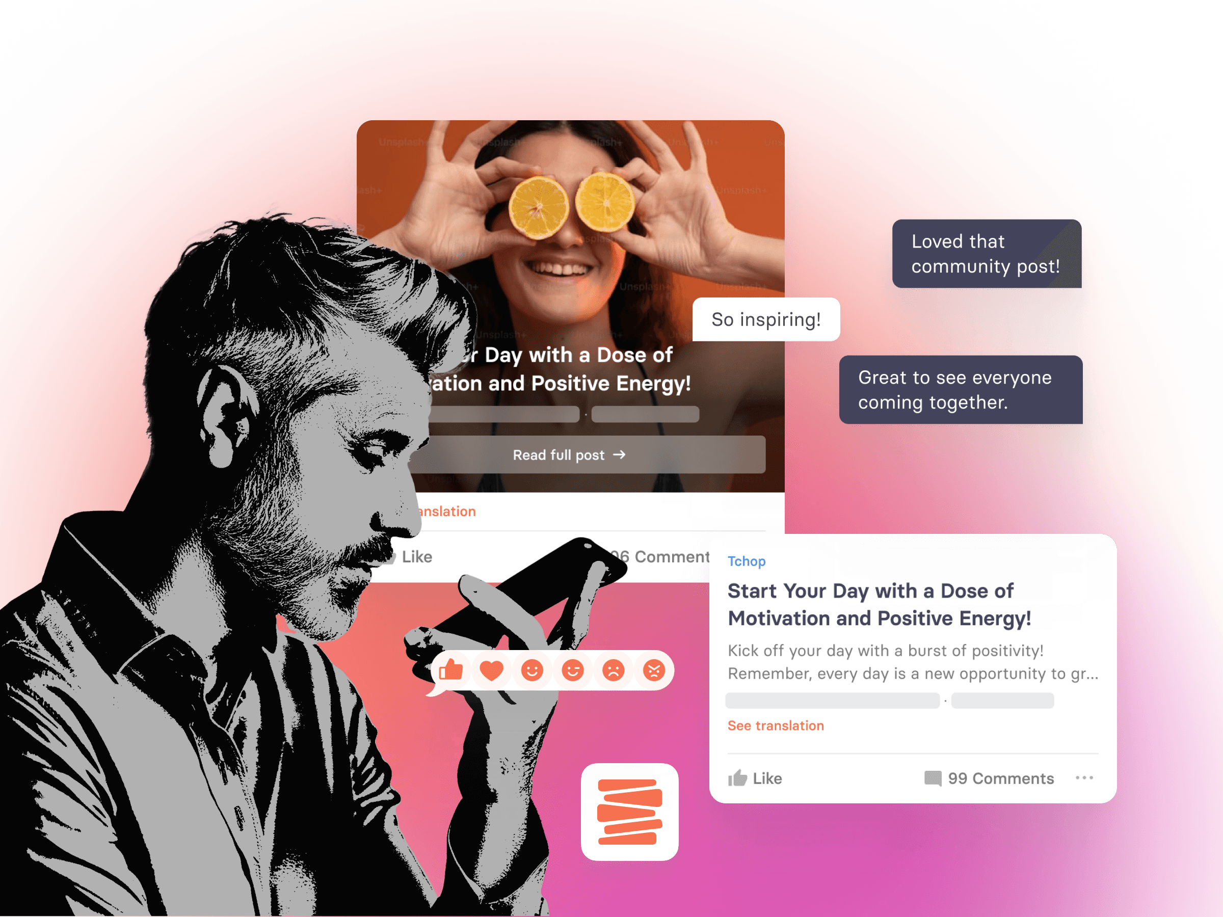 Illustration representing a user interacting with tchop™ news app, highlighting dynamic content feeds, real-time social engagement, and personalised news experiences to foster a thriving community around your news content.