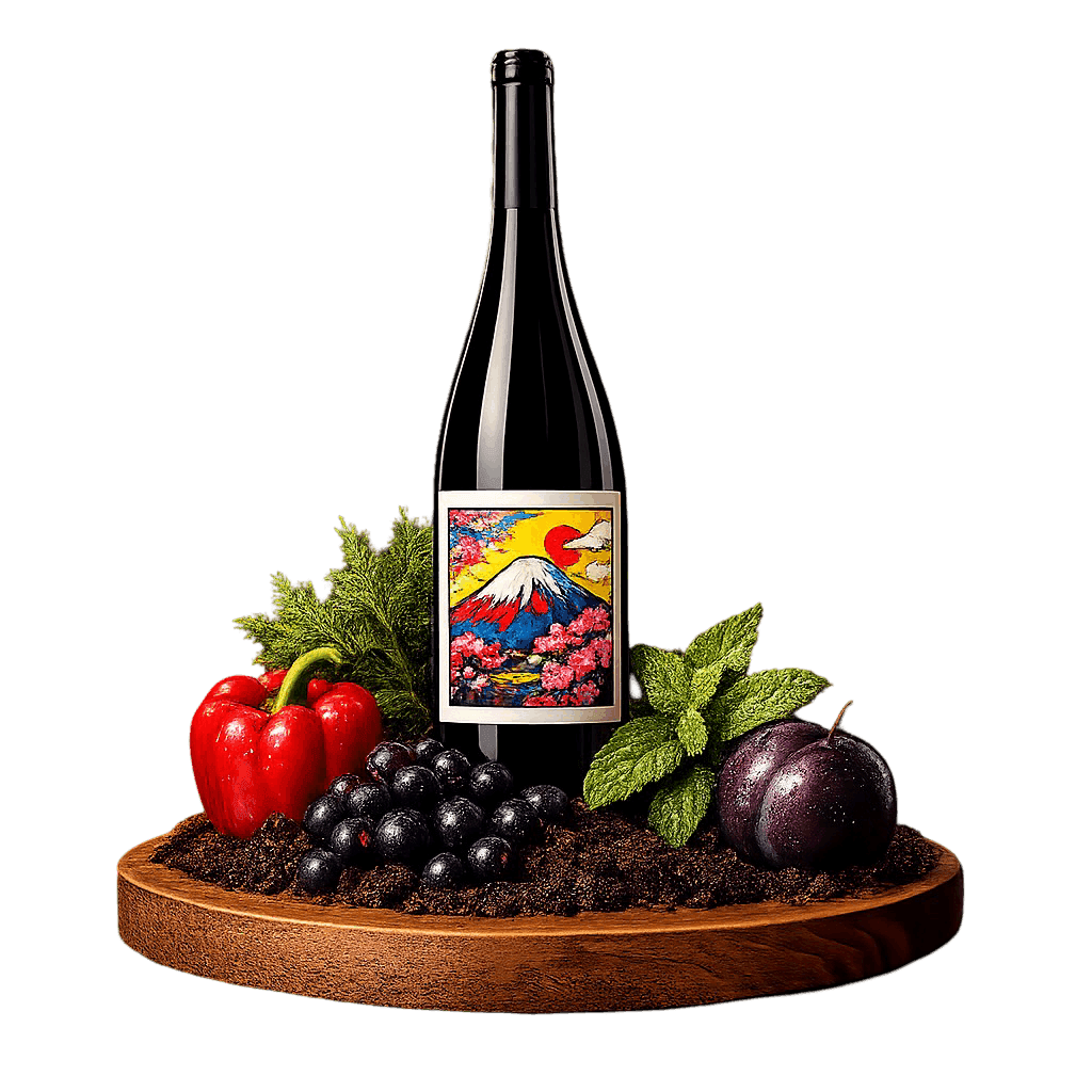 Artistic label and flavor profile for Japanese Cabernet Sauvignon on a rustic wooden table.