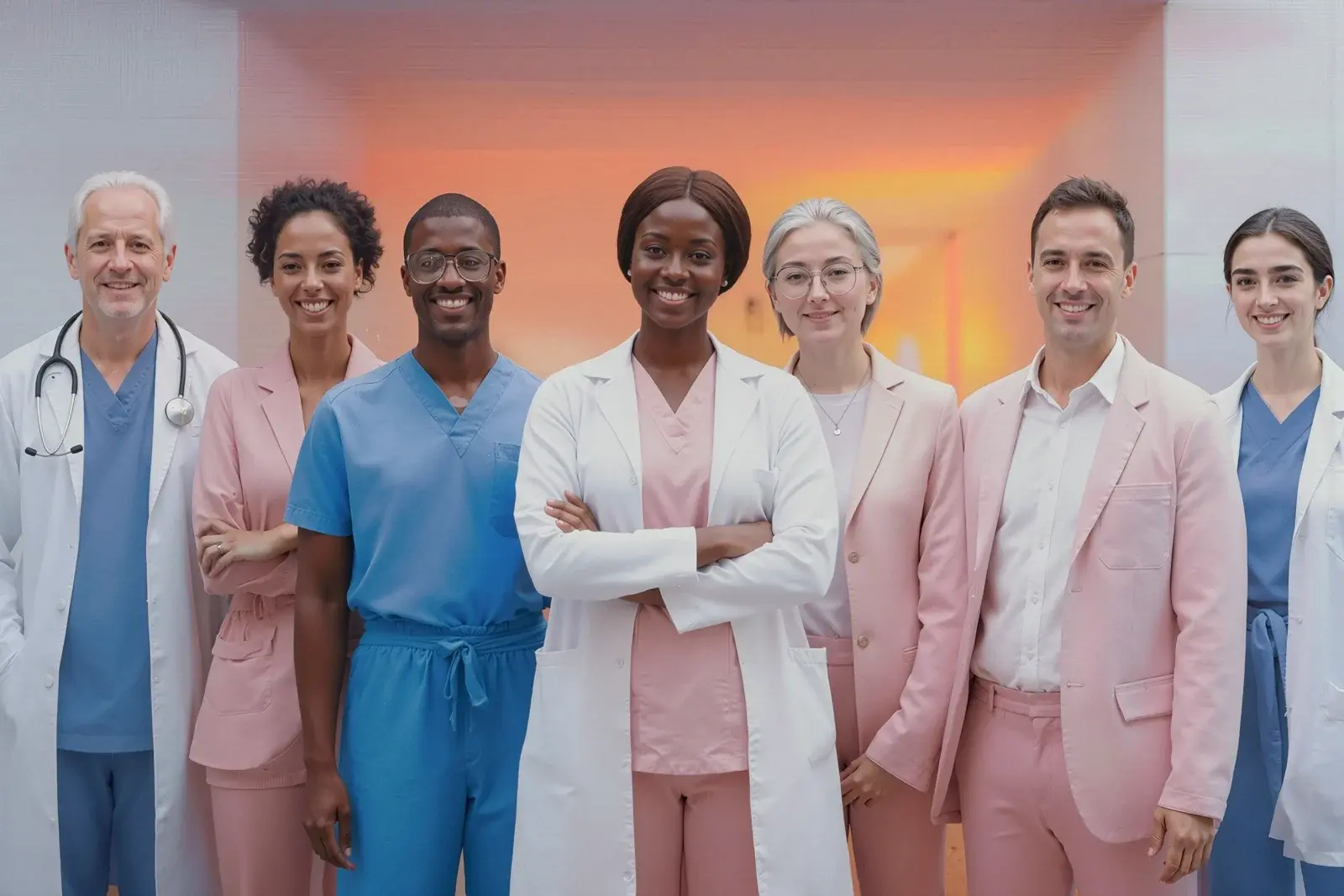 Diverse group of healthcare professionals smiling together, representing Synapti Health’s tailored value based care training solutions for every healthcare organization.