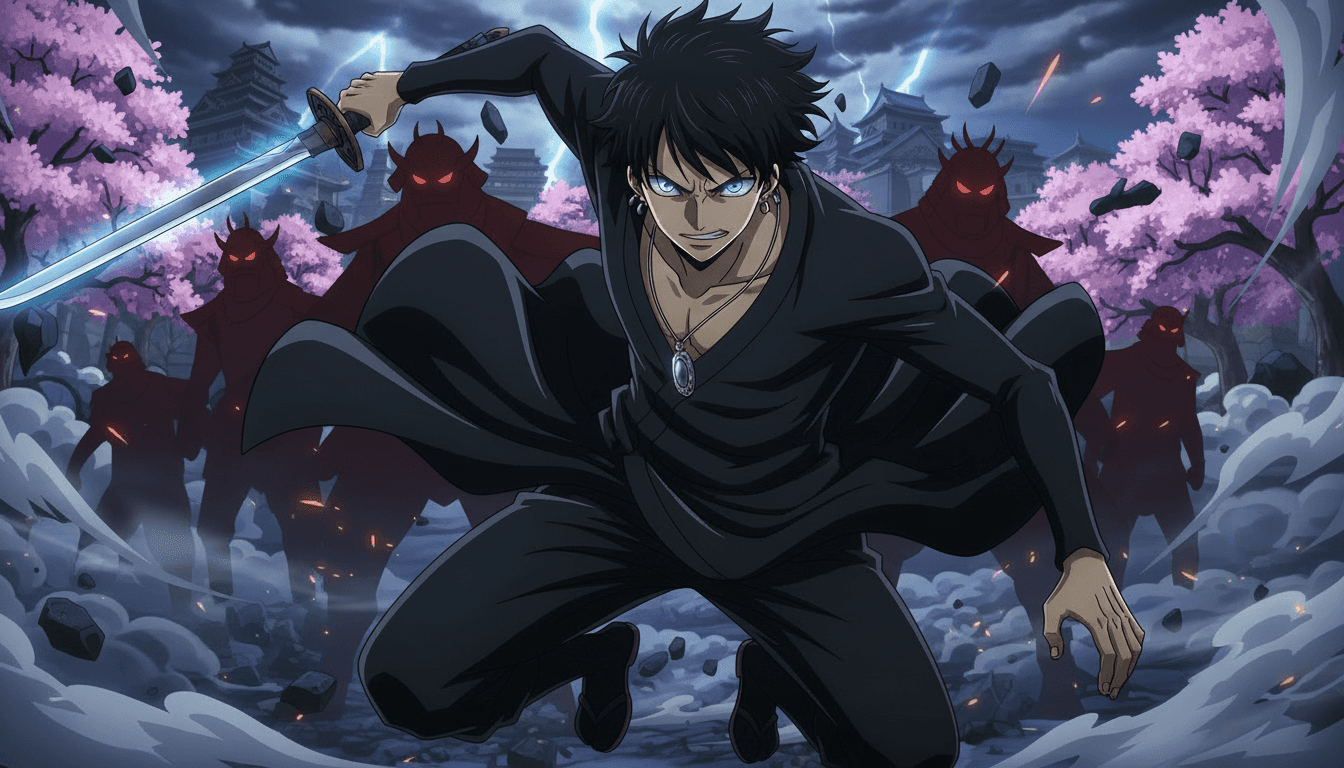 Anime-Schwertkämpfer in schwarzer Kleidung in dynamischer Pose mit gezogenem Katana, umgeben von unheimlichen Schatten-Samurai und fliegenden Kirschblüten.