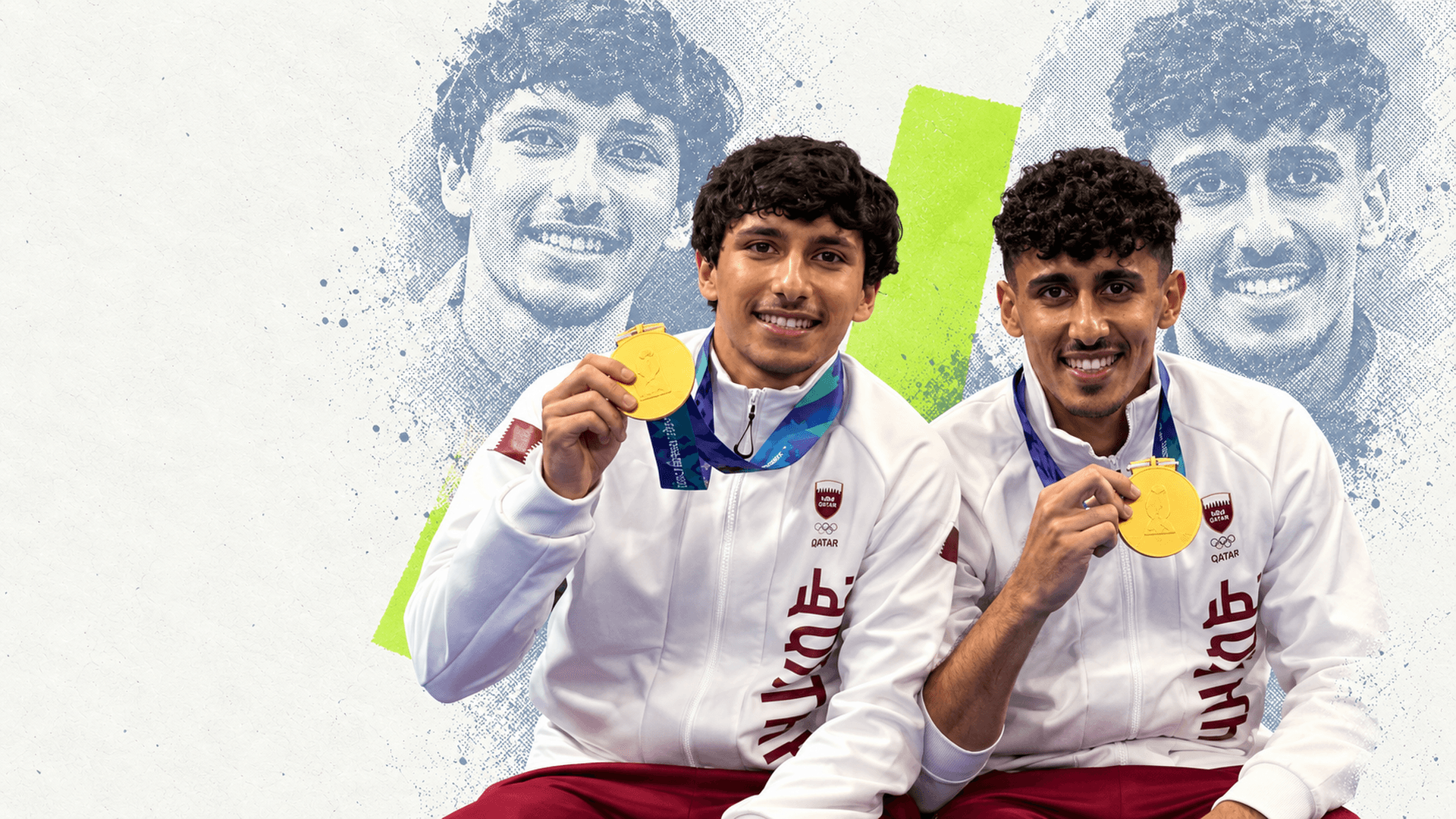 Editorial illustration of Qatar’s Mashari and Rashed Naif holding their Asian Games gold medals