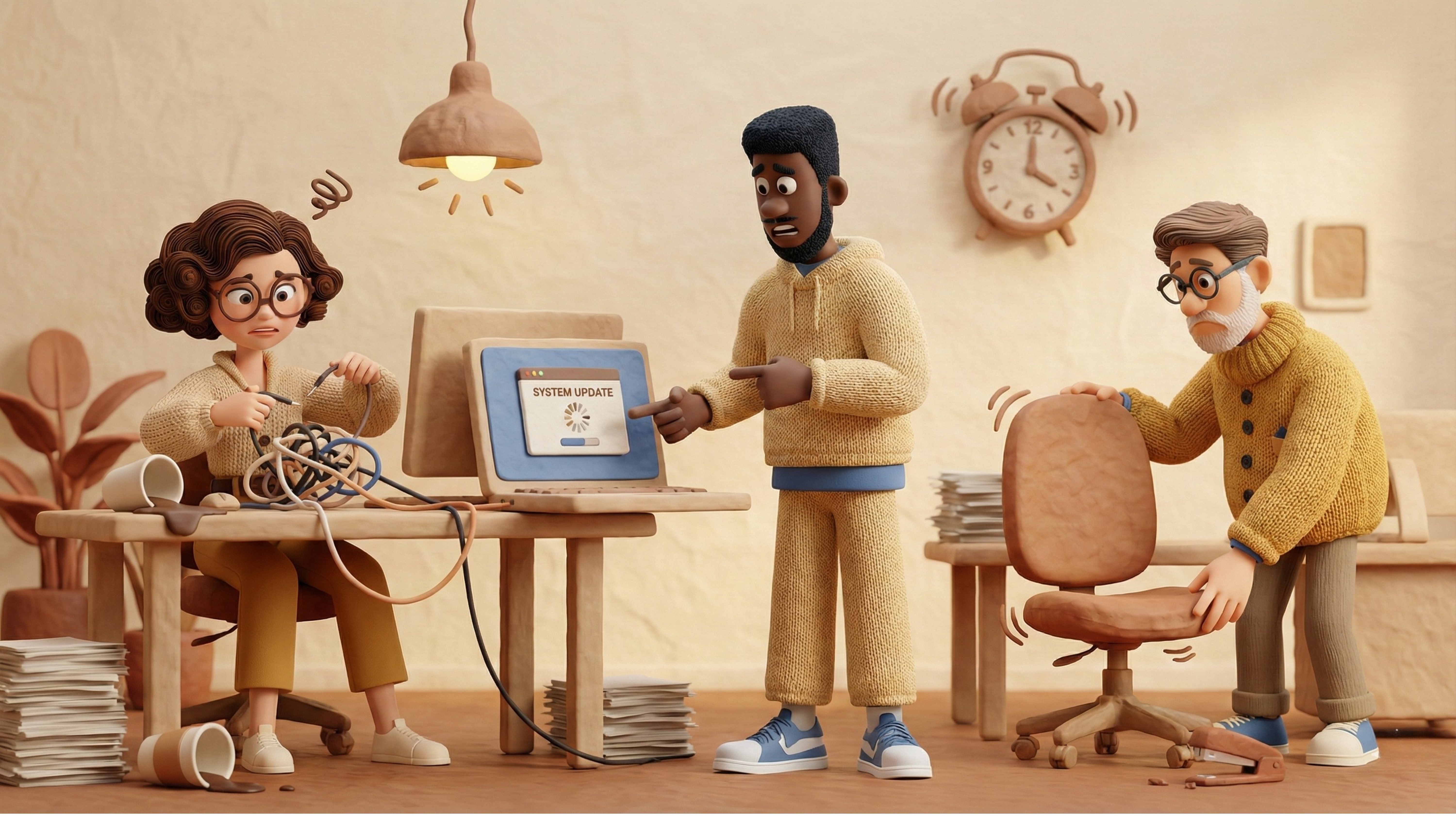 "Illustratie van 'kleine fricties op het werk': drie collega's in een kantooromgeving die zichtbaar gefrustreerd zijn door technische problemen en ongemakkelijke kantoormeubels."