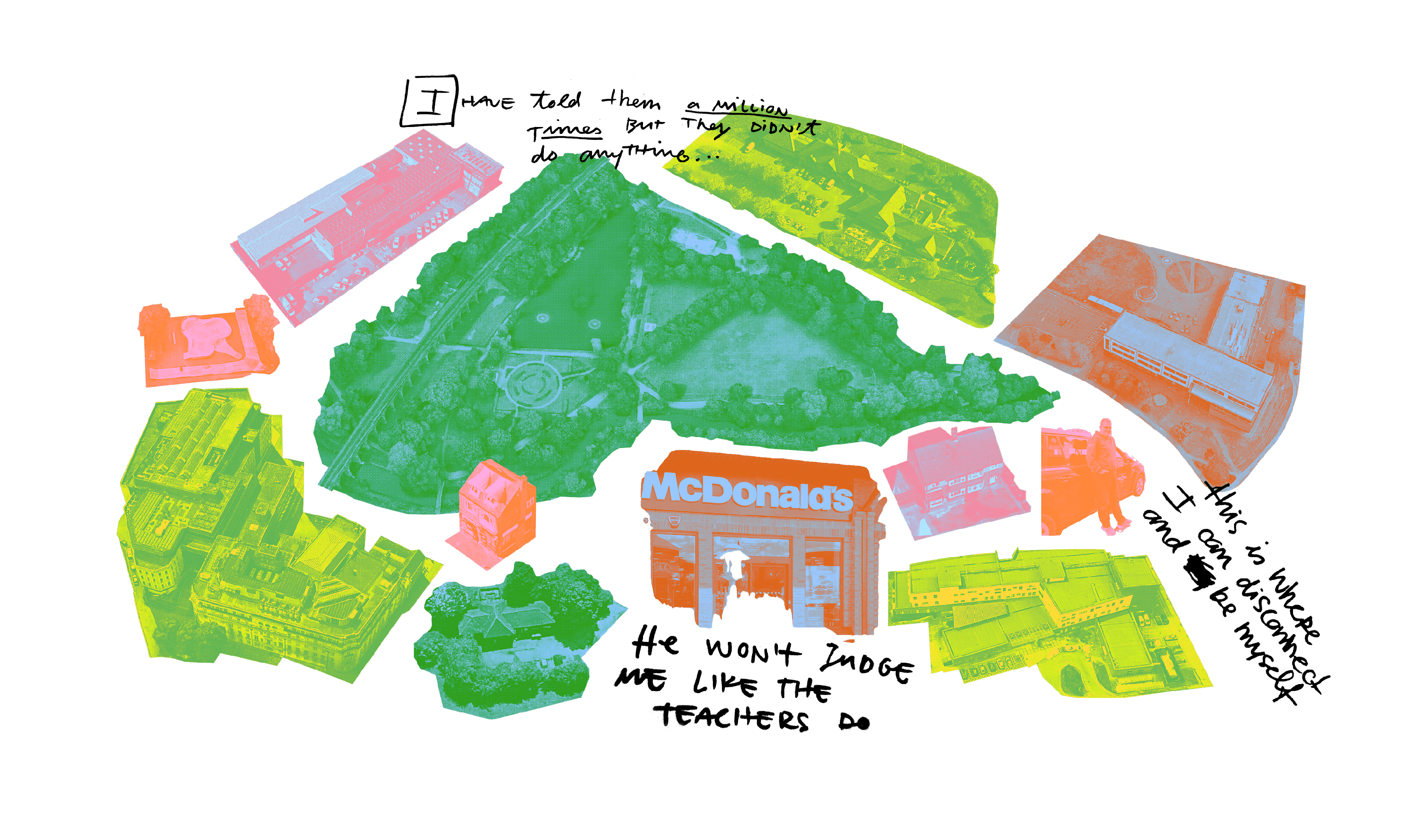 A collage of different cut-out illustrated things with colour overlays like a McDonalds and a park. Handwritten text shows some quotes from research like "He won't judge me like the teachers do"