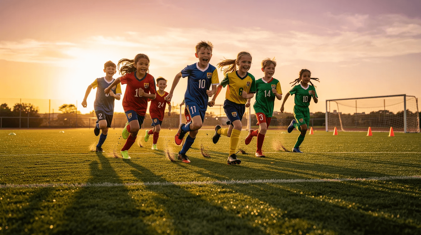 A group of young football players in vibrant jerseys joyfully runs onto a lush green training pitch at sunset, capturing the excitement of the upcoming season and the spirit of teamwork. This scene reflects the essence of football clubs preparing for their training sessions, highlighting the importance of event details in fostering a positive attendee experience.