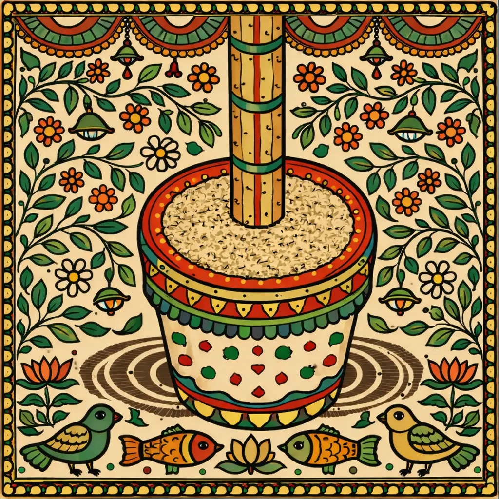 Large wooden mortar and pestle traditionally used to crush grains. In the Othangar ceremony, it is used to crush dhaan (paddy).