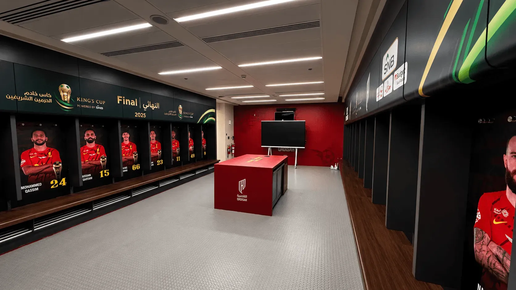 Completed King's Cup Final player room with wall graphics, lockers, and branded table