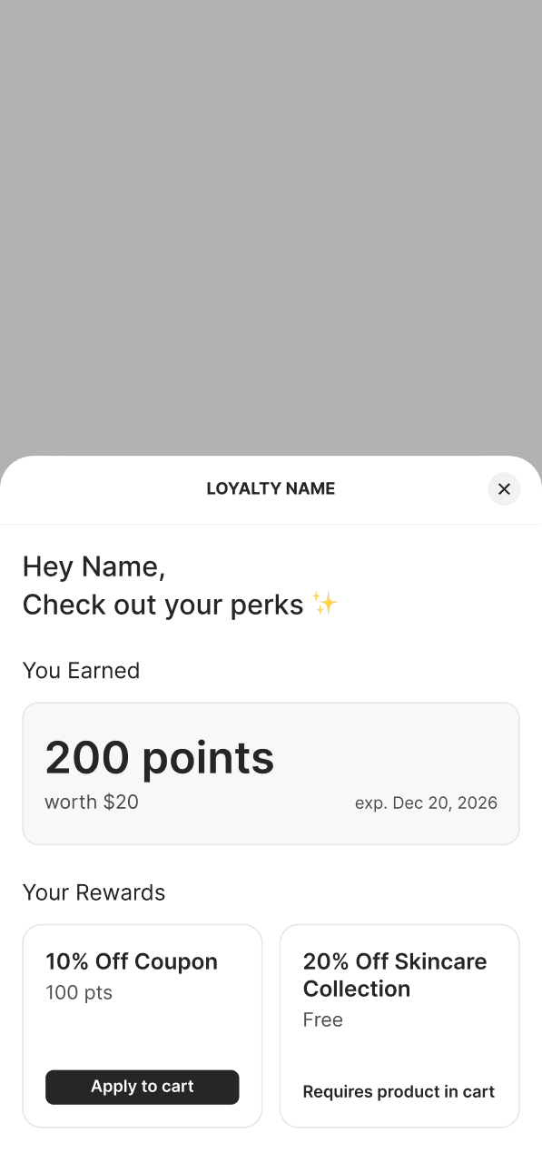 mobile UI showing the loyalty widget state with product/collection restriction