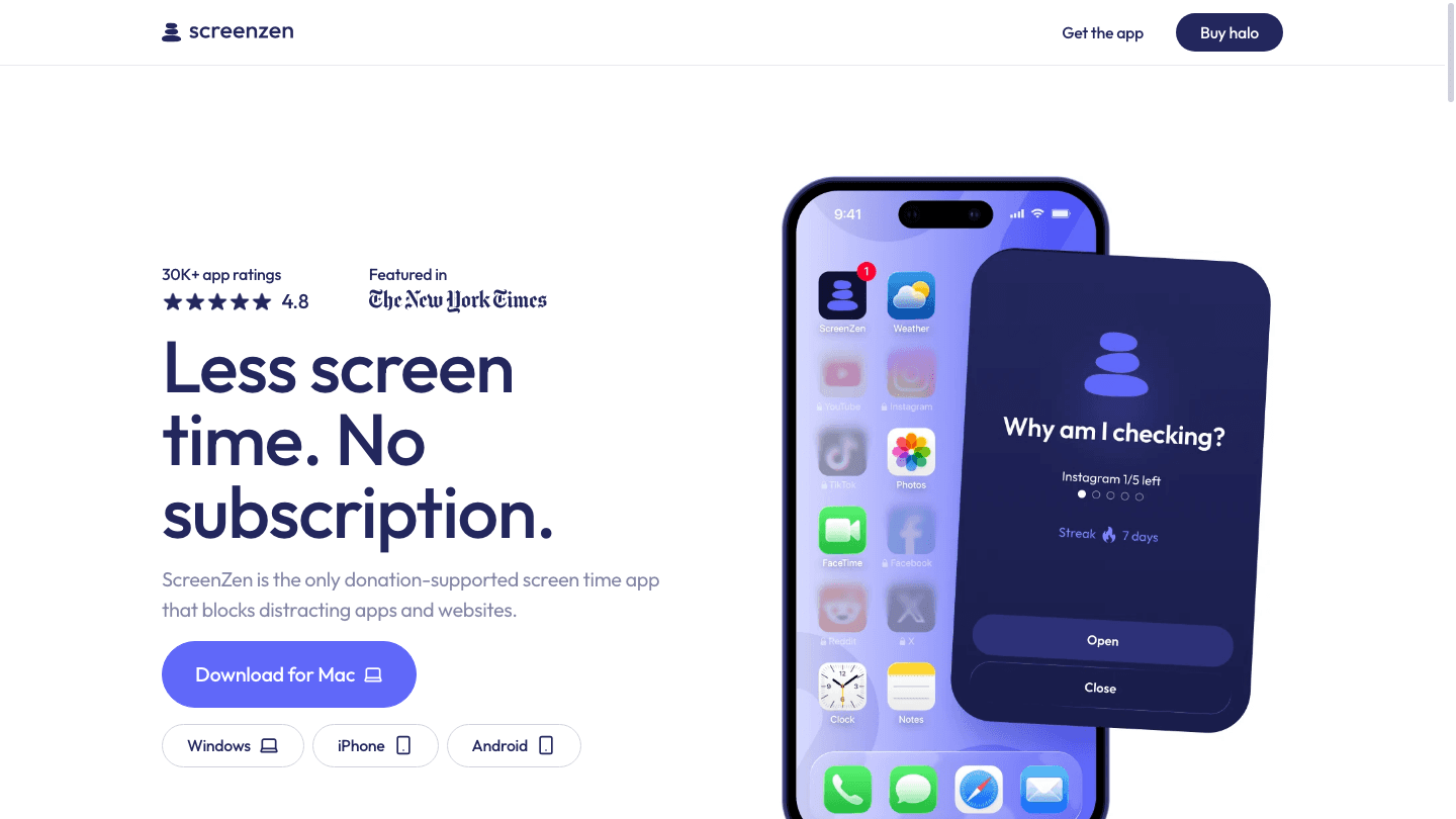 ScreenZen homepage showing the delay screen feature on iOS