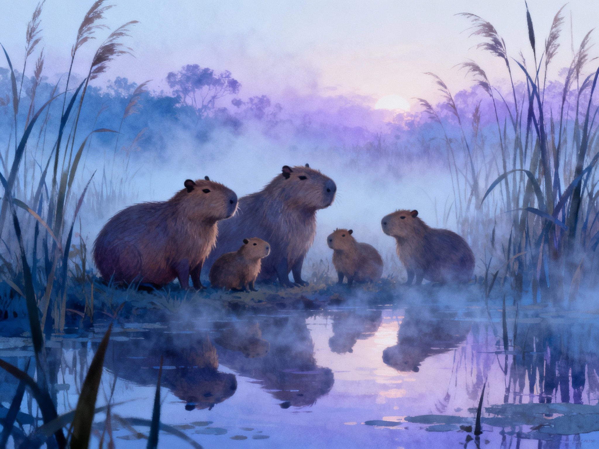 An expansive shot of a cute capybara family gathered near a misty wetland at dawn, framed with a