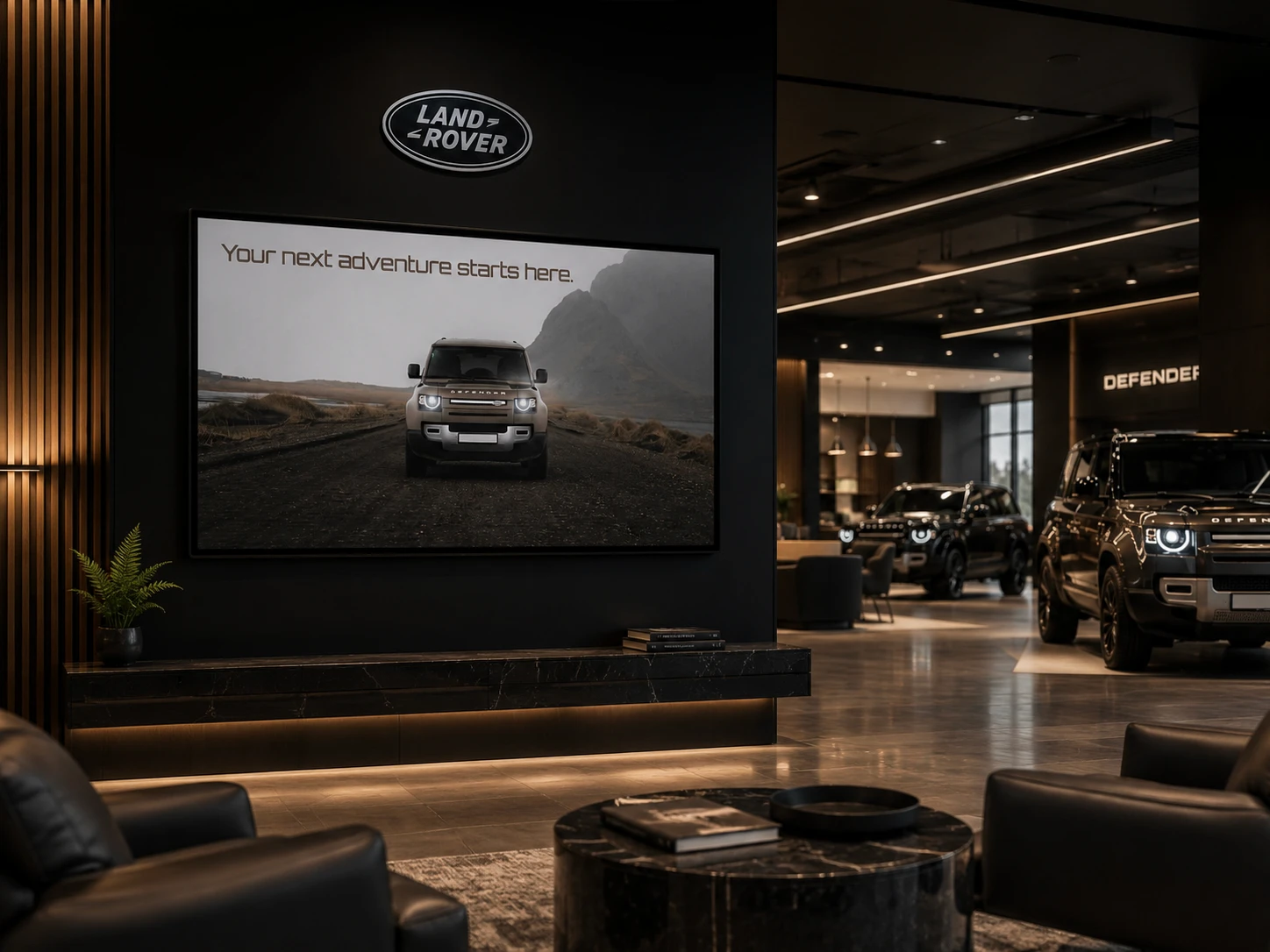 Luxury Land Rover dealership with a large digital signage display showcasing the Defender, engaging visitors with vehicle promotions, brand messaging, and premium showroom advertising.