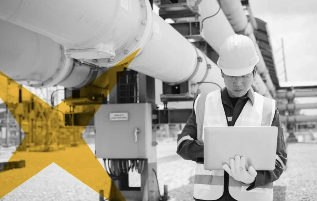 Construction team reviewing architectural blueprints, representing AI-powered project closeout automation