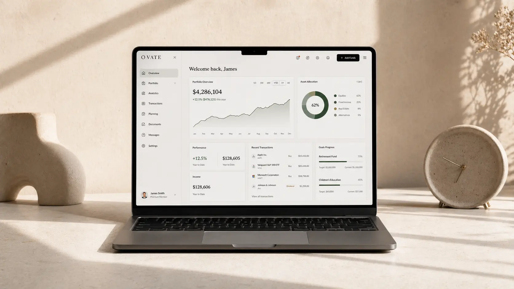 A professional laptop mockup displaying a polished and sophisticated digital product dashboard with modern data visualizations.